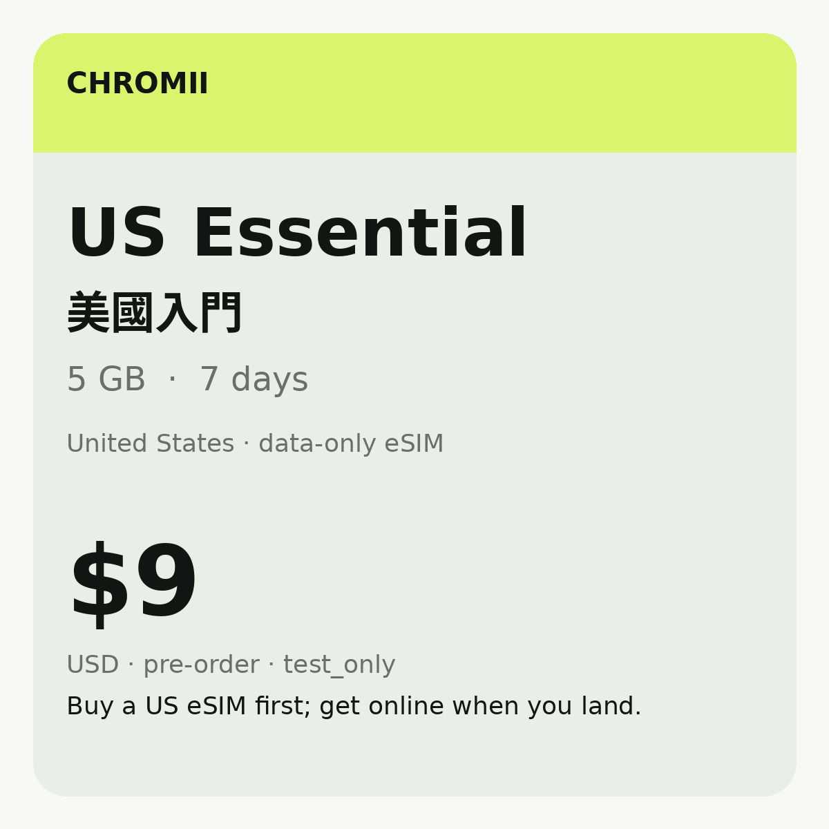 US Essential Chromii US eSIM product card